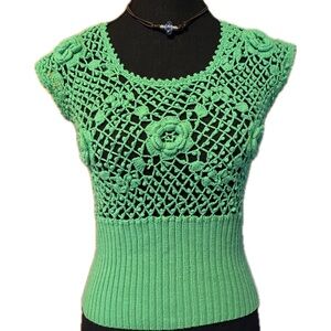 Vintage 70’s Green Flower Floral Crochet Knit Summer Festival Spring Boho Top S